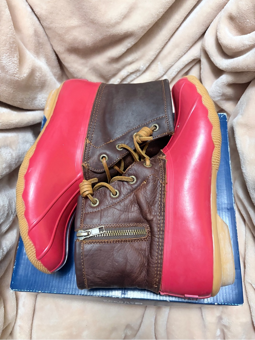 Sperry Red Rubber & Brown Leather Lace-Up Duck Boots with Side Zip